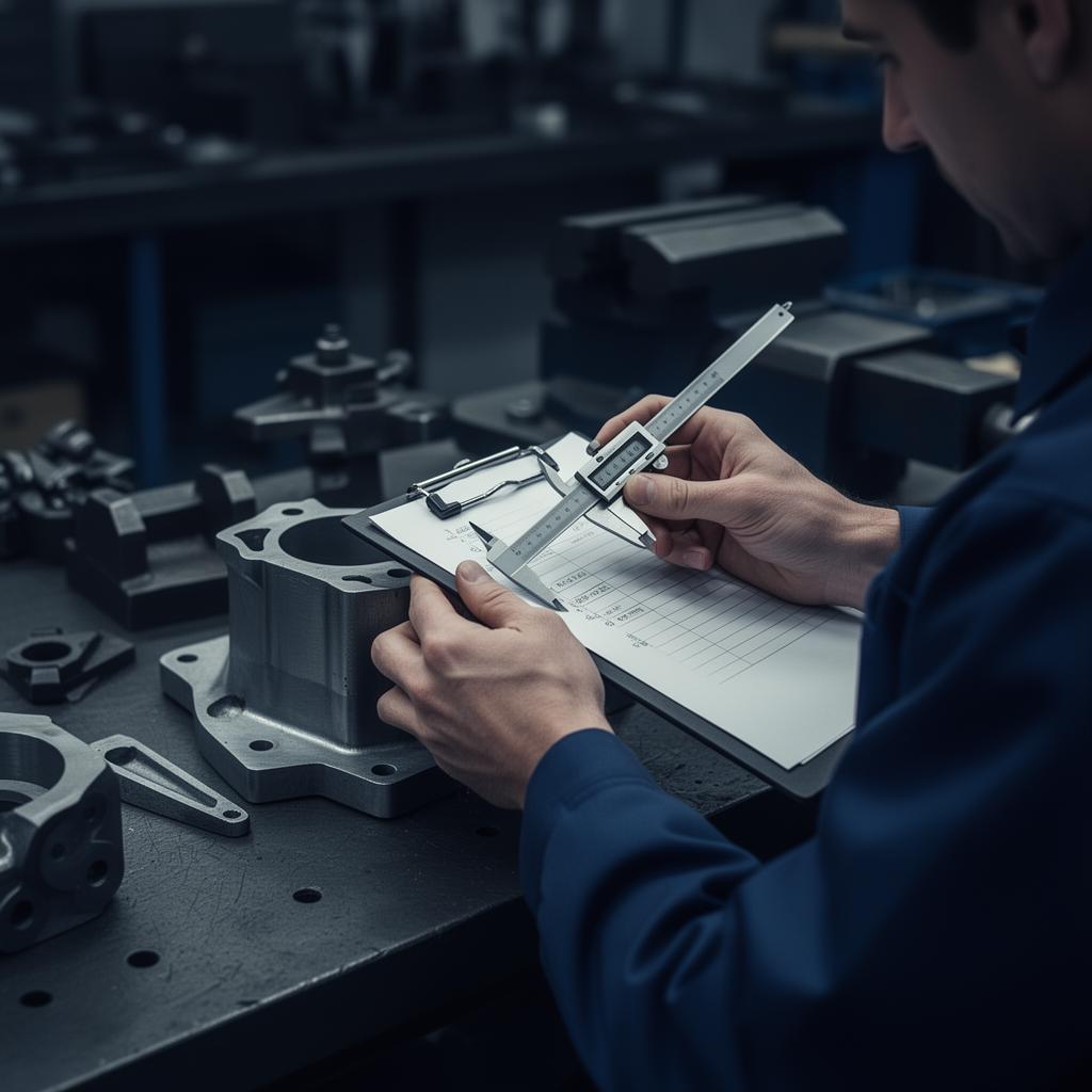 Quality inspector measuring a machined part