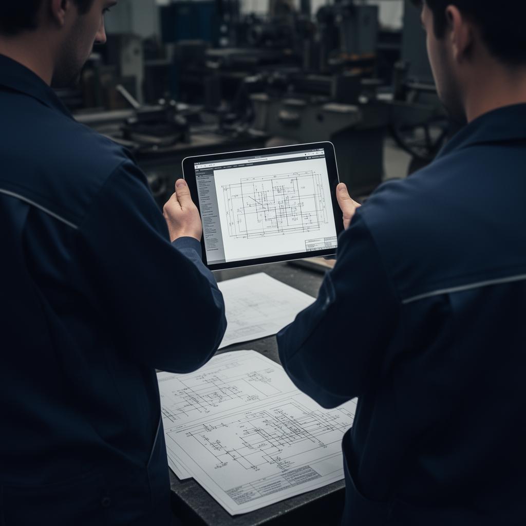 Engineers reviewing technical drawings on a tablet